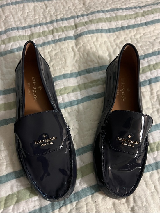 kate spade Shoes - Kate Spade New York Navy Patent Leather Deck Loafers with Gold Logo